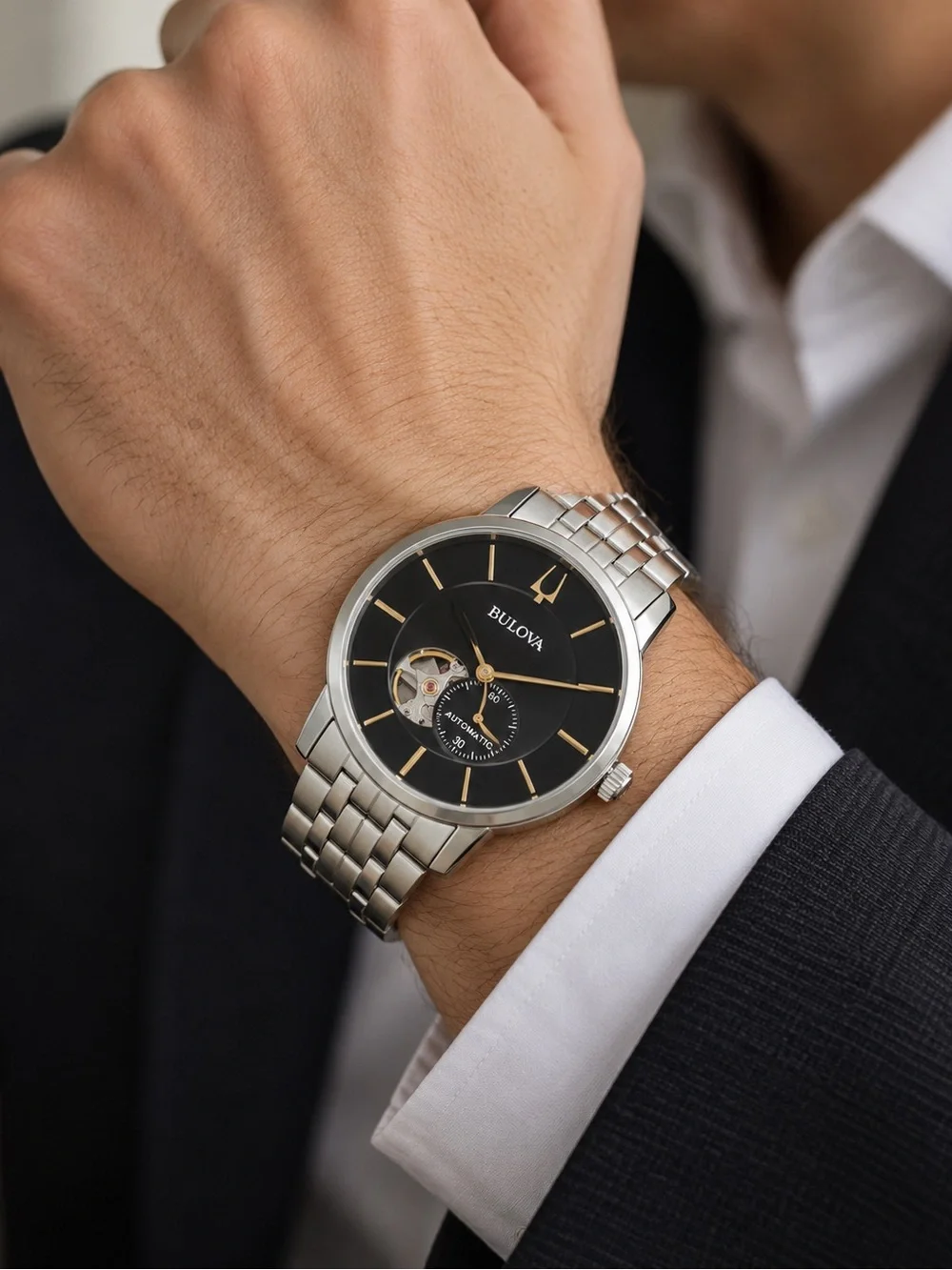 Bulova American Clipper Automatic Men’s Watch 96A305 Black Dial NWT Box